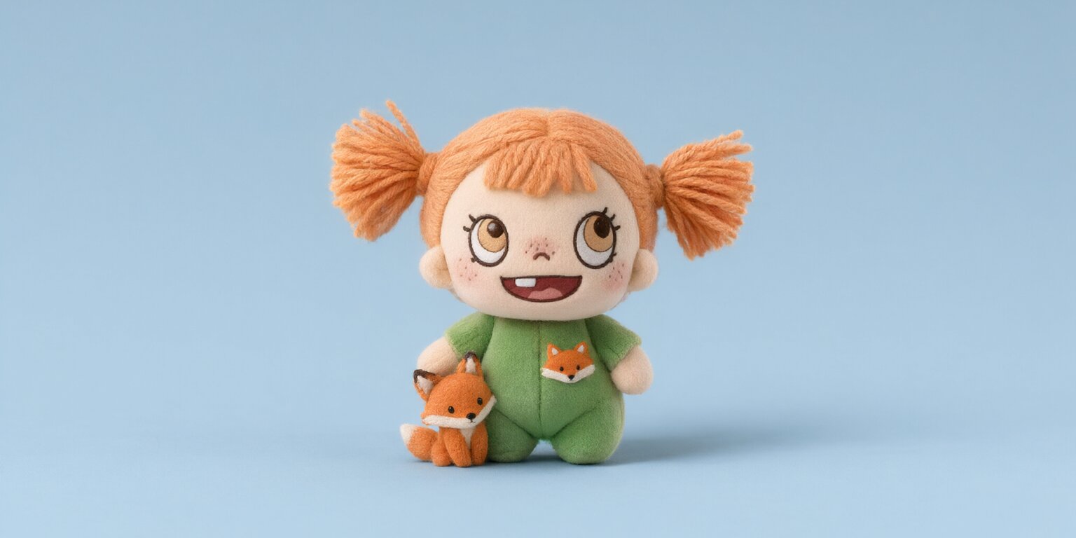 Baobao, a baby vinyl doll with orange yarn pigtails, in a green onesie with her fox plush